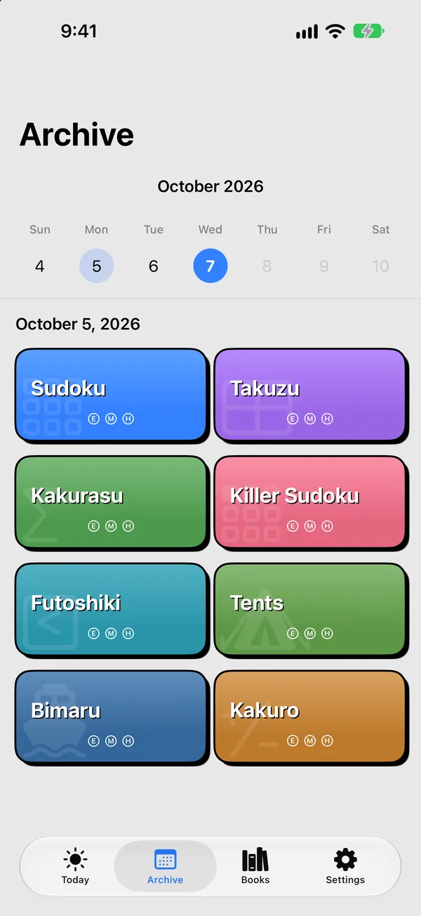 The Archive screen with a week calendar and that day's puzzles