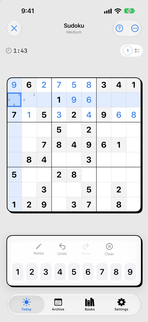 A Sudoku puzzle with entered digits, pencil marks and the number pad